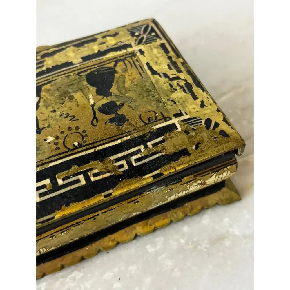Vintage Brass & Black Lacquer Trinket Box Greek Key Classical Scene Jewelry Box
